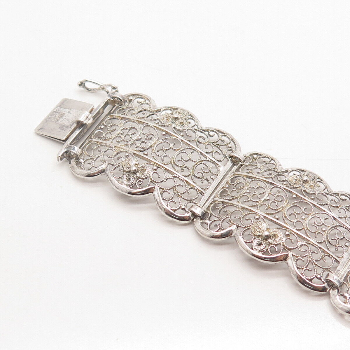 835 Silver Vintage Ornate Filigree Panel Link Bracelet 6.75"