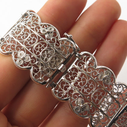 835 Silver Vintage Ornate Filigree Panel Link Bracelet 6.75"