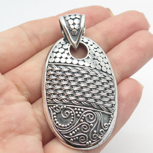 925 Sterling Silver Vintage Suarti Bali Dotted Woven Ornate Oval Pendant