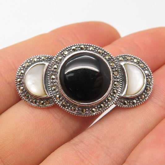 925 Sterling Silver Vintage Mother-of-Pearl Black Onyx & Marcasite Gem Brooch