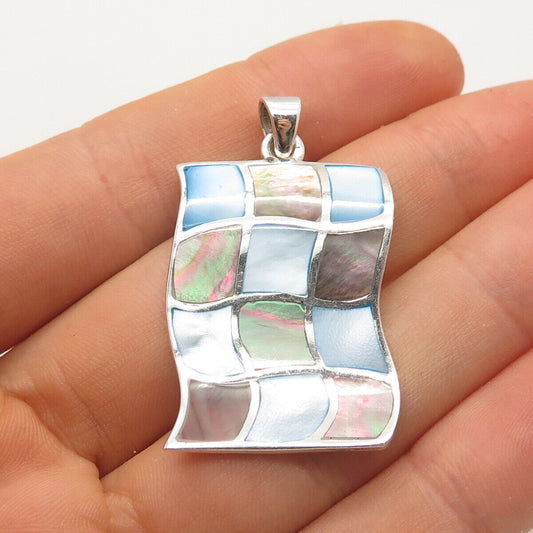 925 Sterling Silver Vintage Real Mother-of-Pearl & Abalone Shell Pendant