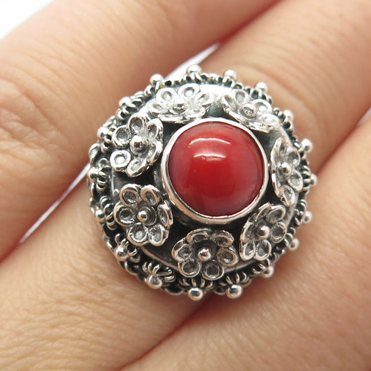 800 Silver Vintage Real Coral Cannetille Floral Ring Size 5.25