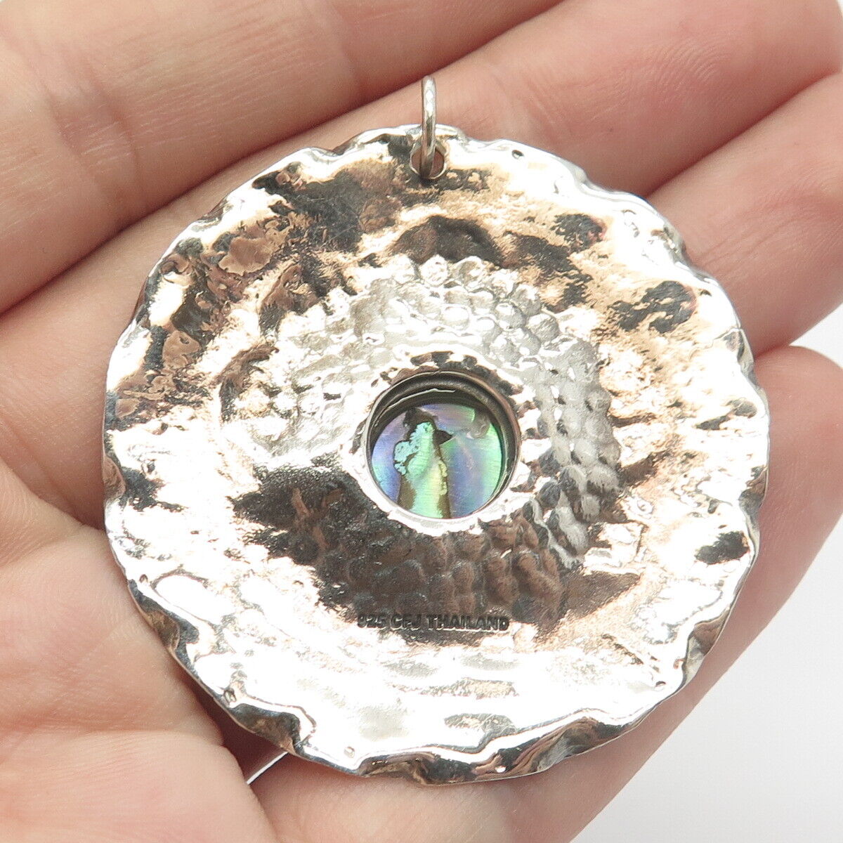 925 Sterling Silver 2-Tone Vintage Real Abalone Shell Hammered Round Pendant