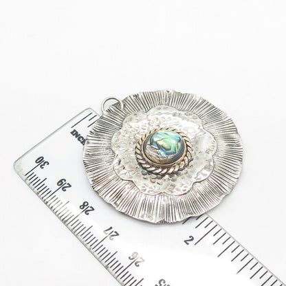 925 Sterling Silver 2-Tone Vintage Real Abalone Shell Hammered Round Pendant