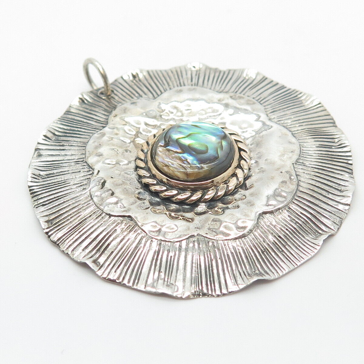 925 Sterling Silver 2-Tone Vintage Real Abalone Shell Hammered Round Pendant