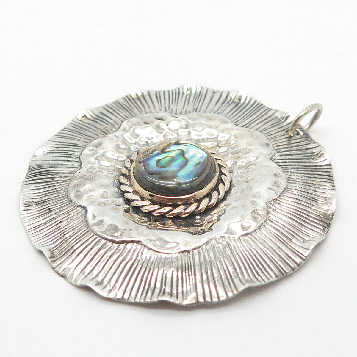 925 Sterling Silver 2-Tone Vintage Real Abalone Shell Hammered Round Pendant