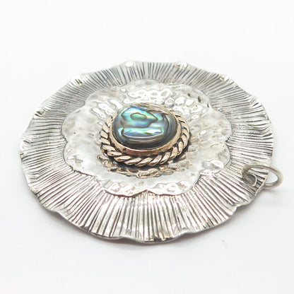 925 Sterling Silver 2-Tone Vintage Real Abalone Shell Hammered Round Pendant