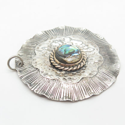 925 Sterling Silver 2-Tone Vintage Real Abalone Shell Hammered Round Pendant