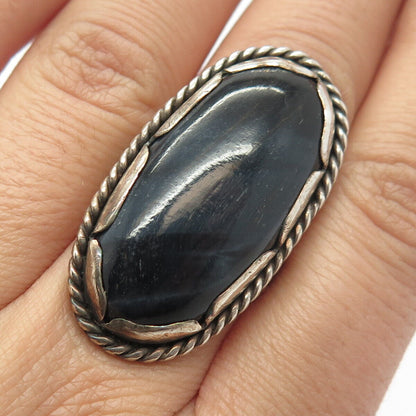 925 Sterling Silver Vintage Black Tiger Eye Gem Oval Statement Ring Size 6.5