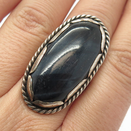 925 Sterling Silver Vintage Black Tiger Eye Gem Oval Statement Ring Size 6.5