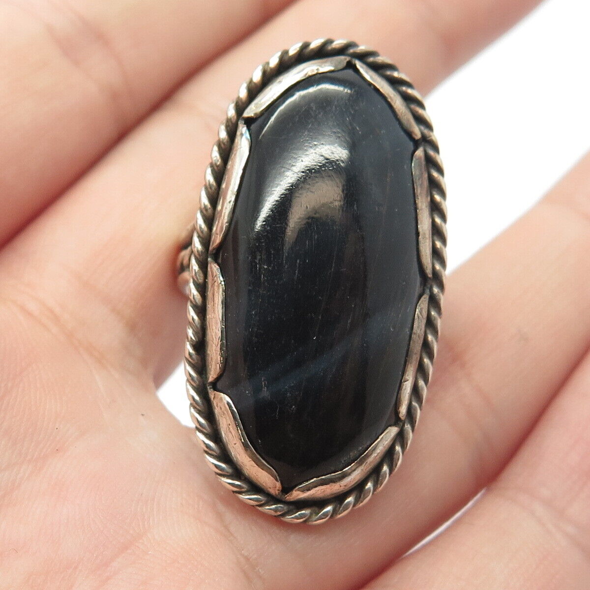 925 Sterling Silver Vintage Black Tiger Eye Gem Oval Statement Ring Size 6.5