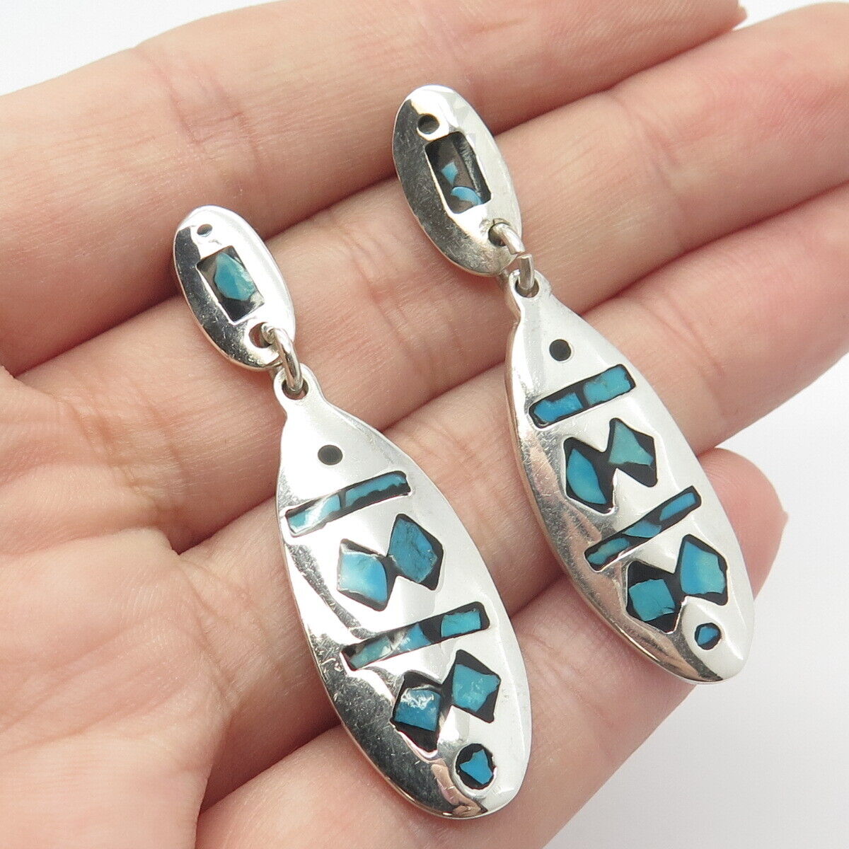 925 Sterling Silver Vintage Mexico Real Turquoise Gem Inlay Dangling Earrings