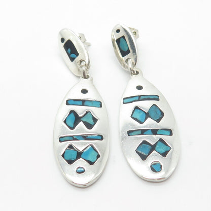 925 Sterling Silver Vintage Mexico Real Turquoise Gem Inlay Dangling Earrings