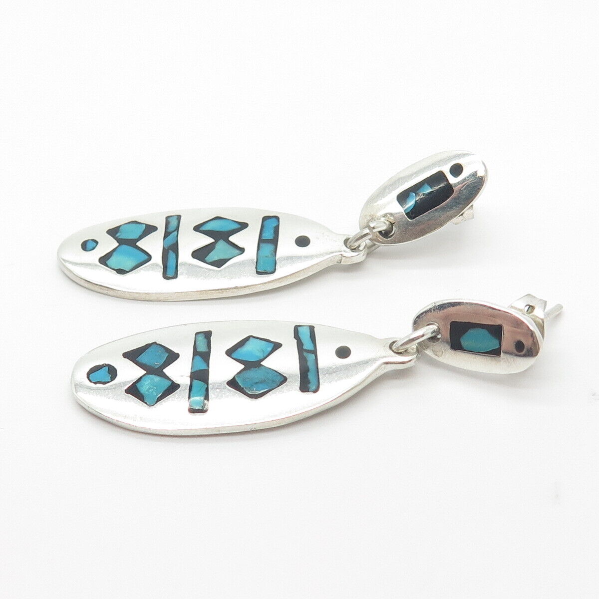 925 Sterling Silver Vintage Mexico Real Turquoise Gem Inlay Dangling Earrings