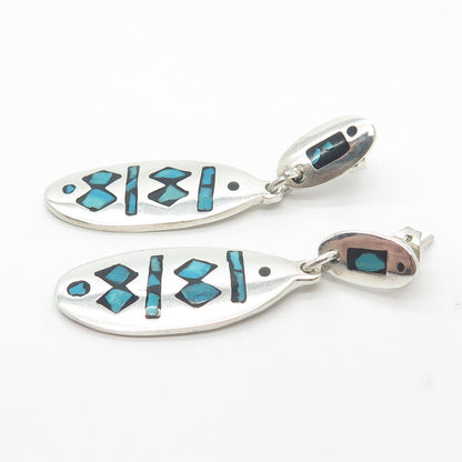 925 Sterling Silver Vintage Mexico Real Turquoise Gem Inlay Dangling Earrings