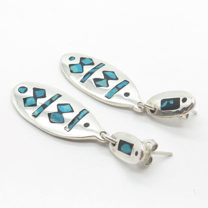 925 Sterling Silver Vintage Mexico Real Turquoise Gem Inlay Dangling Earrings