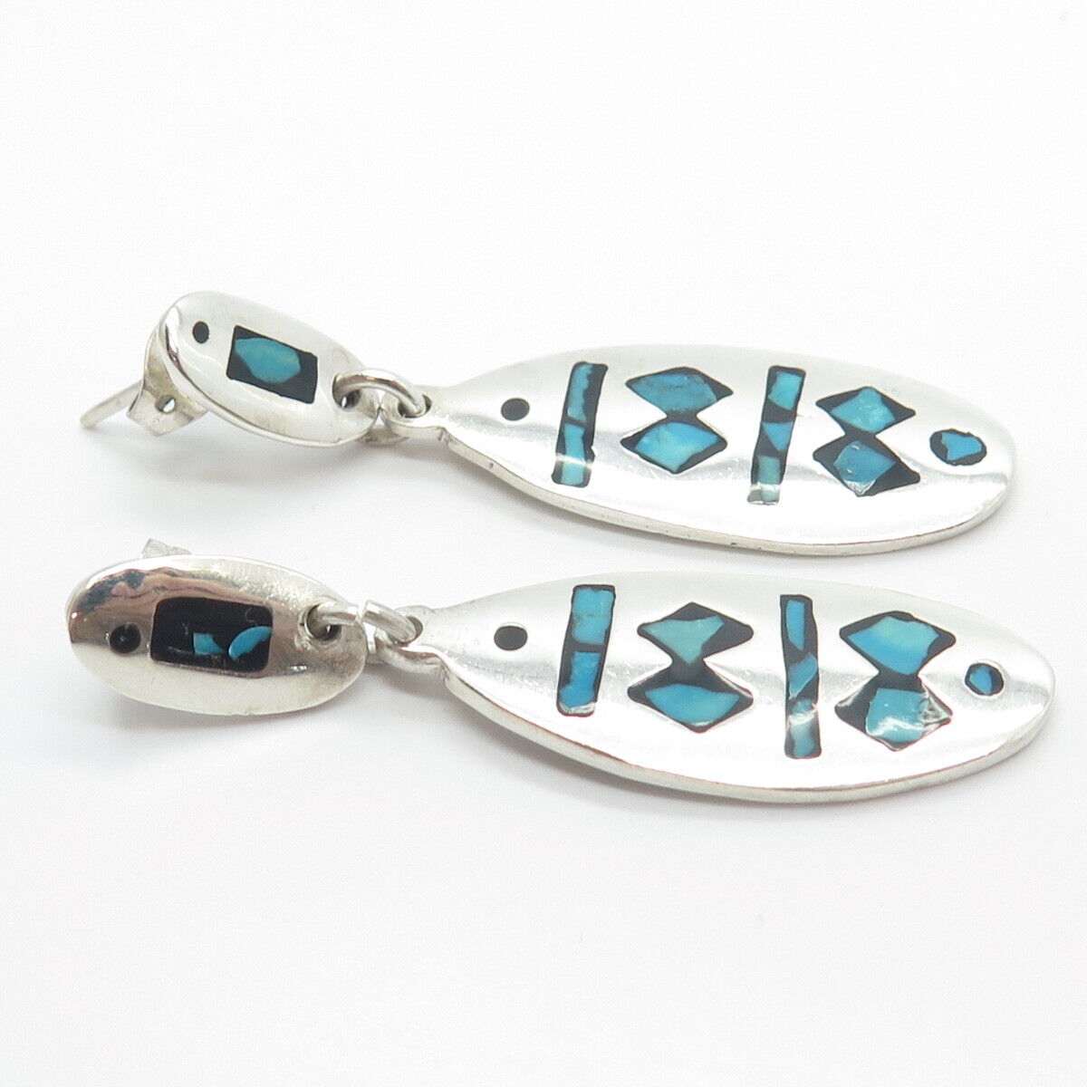 925 Sterling Silver Vintage Mexico Real Turquoise Gem Inlay Dangling Earrings