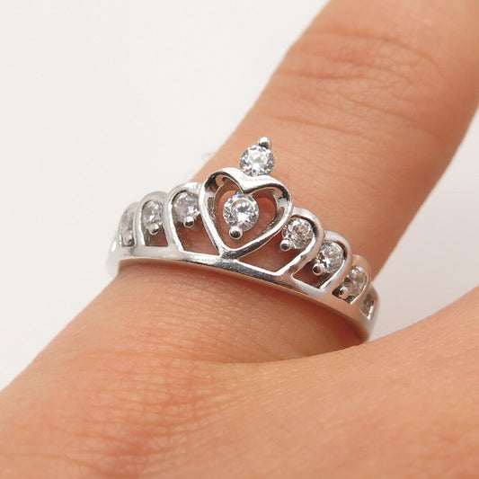 925 Sterling Silver C Z Heart Crown Ring Size 6.5