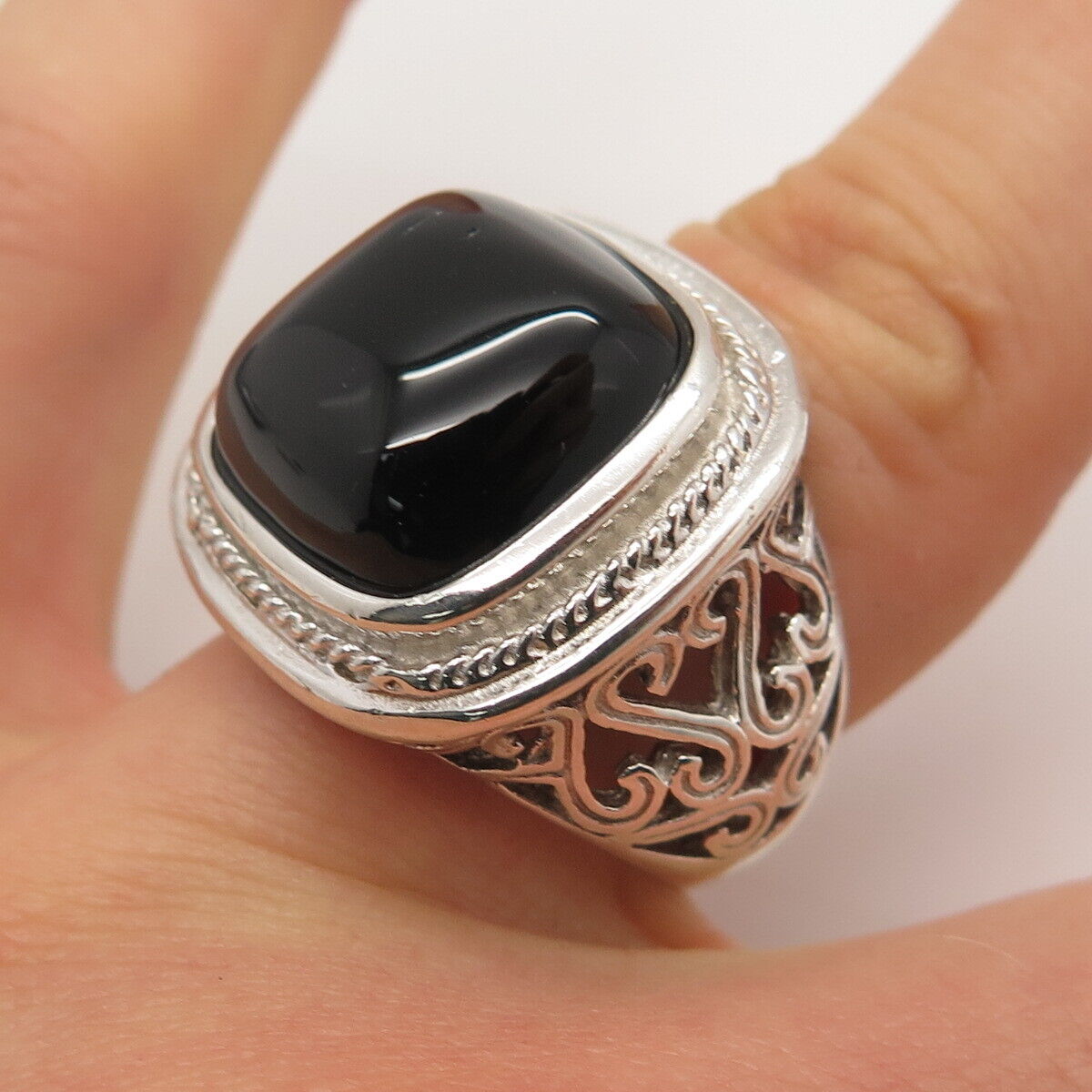 925 Sterling Silver Vintage Real Black Onyx Gem Square Heart Ring Size 7