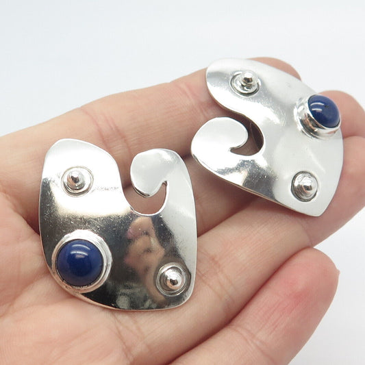 925 Sterling Silver Vintage Mexico Lapis Lazuli Gem Abstract Clip On Earrings