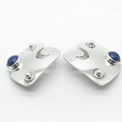 925 Sterling Silver Vintage Mexico Lapis Lazuli Gem Abstract Clip On Earrings