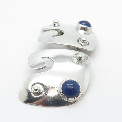 925 Sterling Silver Vintage Mexico Lapis Lazuli Gem Abstract Clip On Earrings