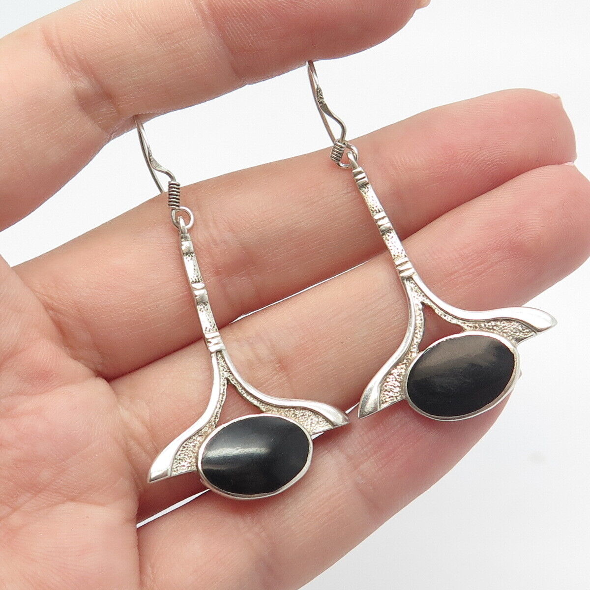 925 Sterling Silver Vintage Real Black Onyx Gemstone Dangling Earrings