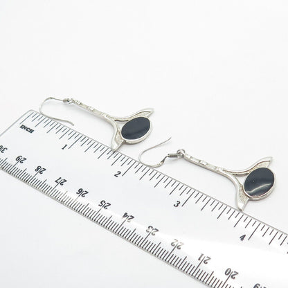 925 Sterling Silver Vintage Real Black Onyx Gemstone Dangling Earrings