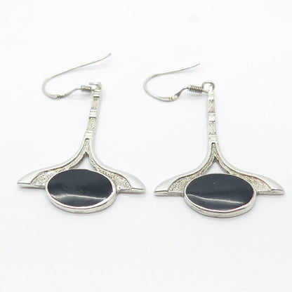 925 Sterling Silver Vintage Real Black Onyx Gemstone Dangling Earrings