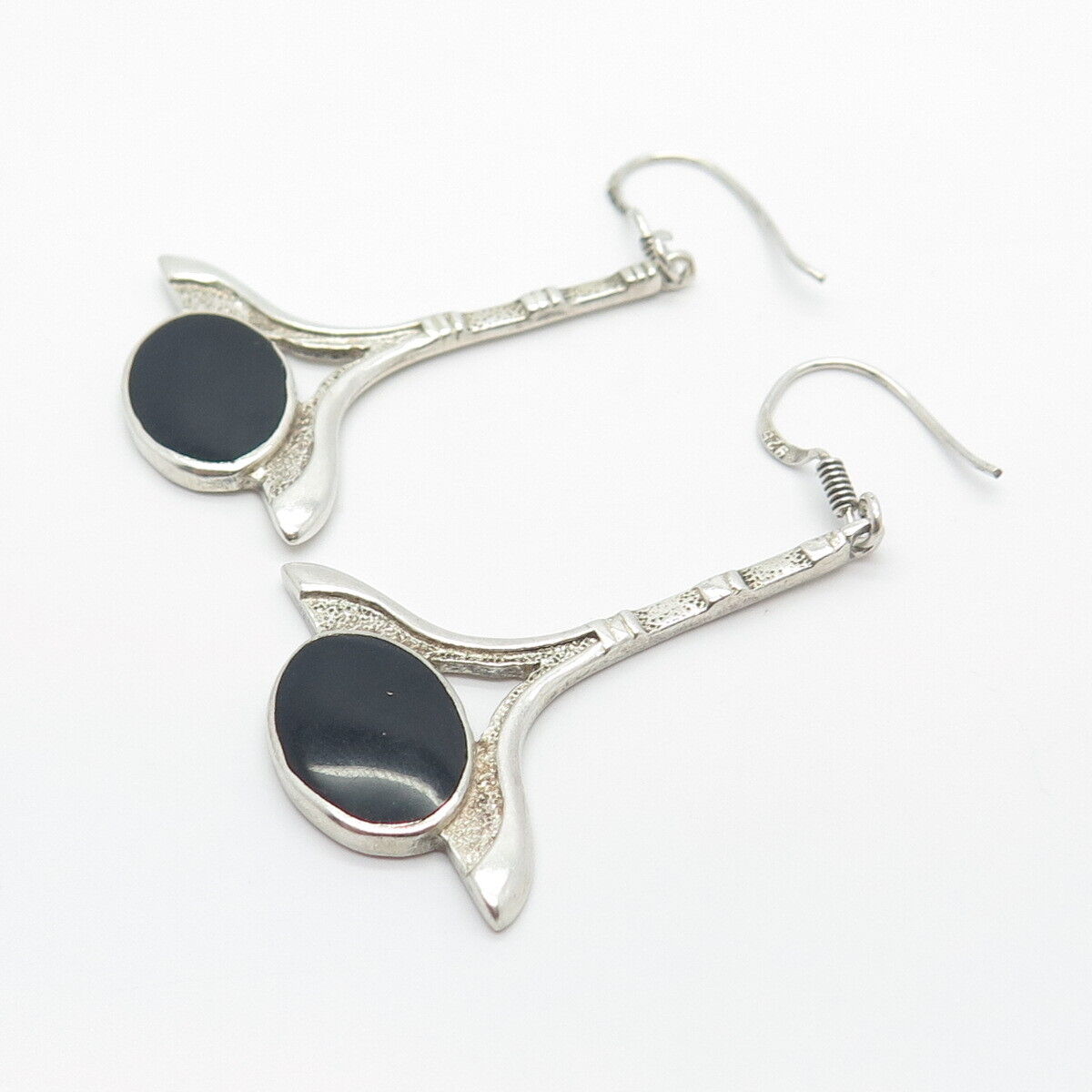 925 Sterling Silver Vintage Real Black Onyx Gemstone Dangling Earrings