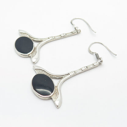 925 Sterling Silver Vintage Real Black Onyx Gemstone Dangling Earrings