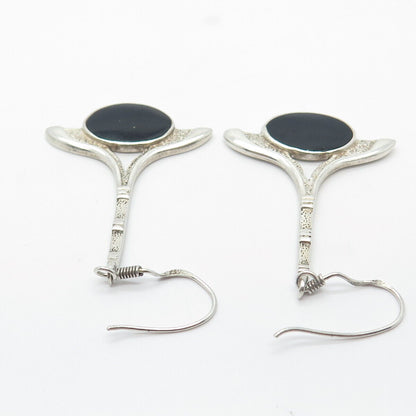 925 Sterling Silver Vintage Real Black Onyx Gemstone Dangling Earrings