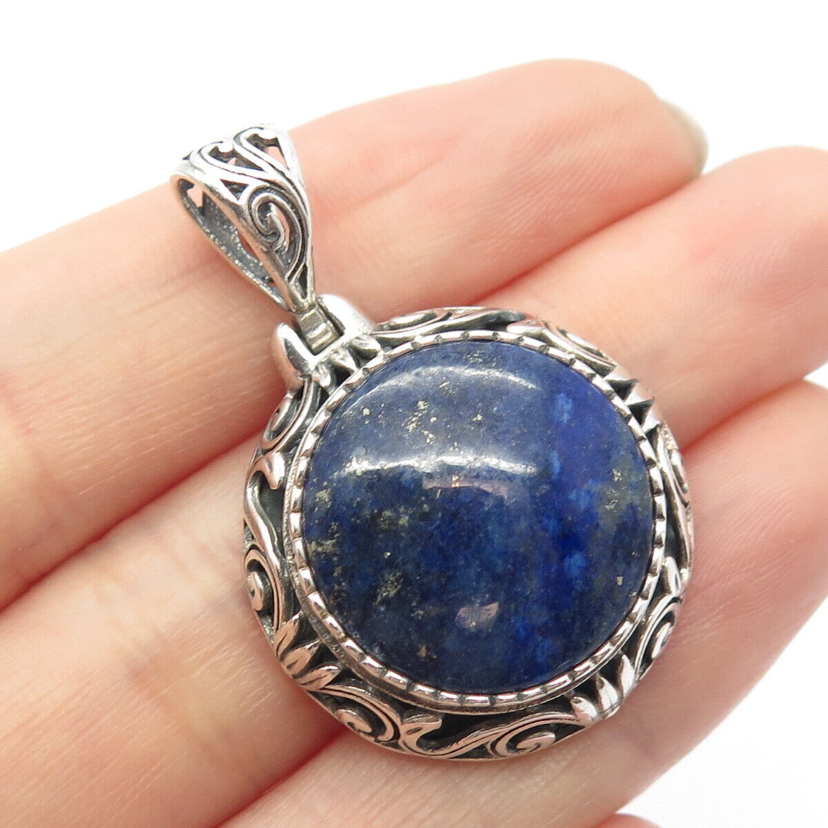 925 Sterling Silver Vintage Beria Real Lapis Lazuli Gem Ornate Round Pendant