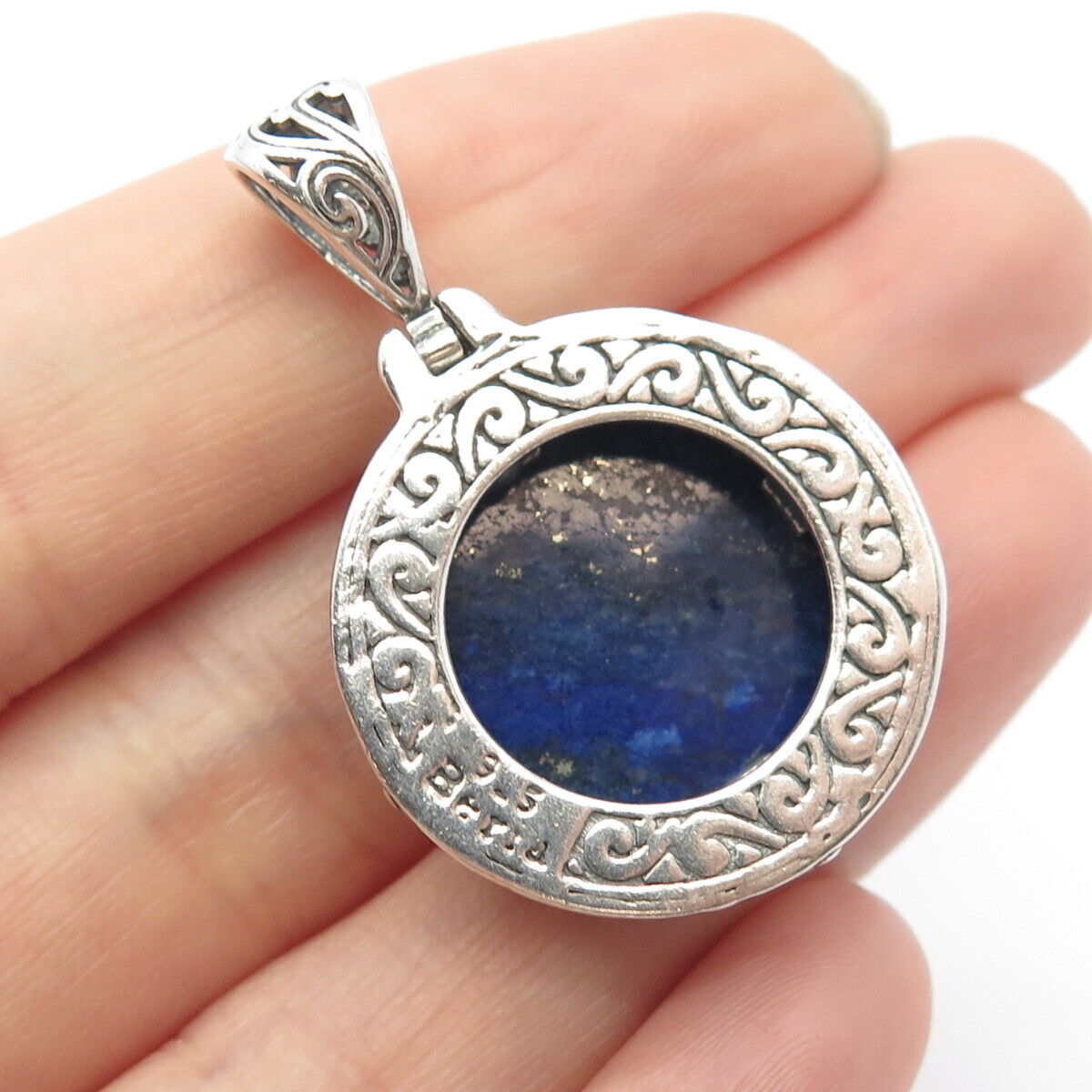 925 Sterling Silver Vintage Beria Real Lapis Lazuli Gem Ornate Round Pendant