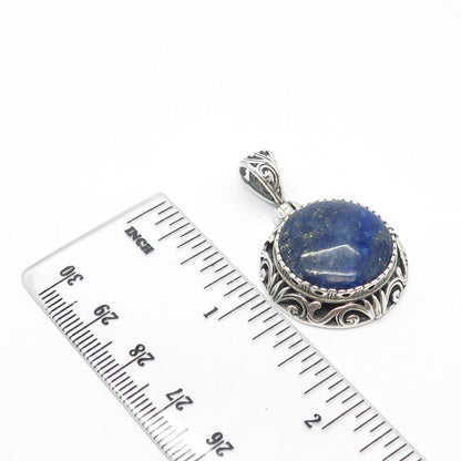 925 Sterling Silver Vintage Beria Real Lapis Lazuli Gem Ornate Round Pendant