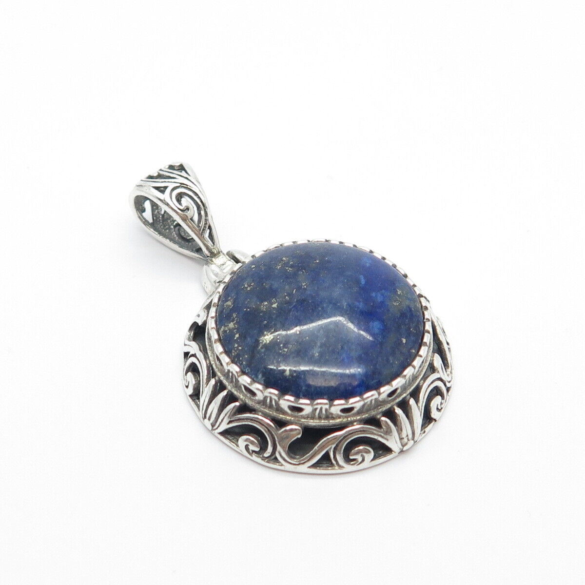 925 Sterling Silver Vintage Beria Real Lapis Lazuli Gem Ornate Round Pendant