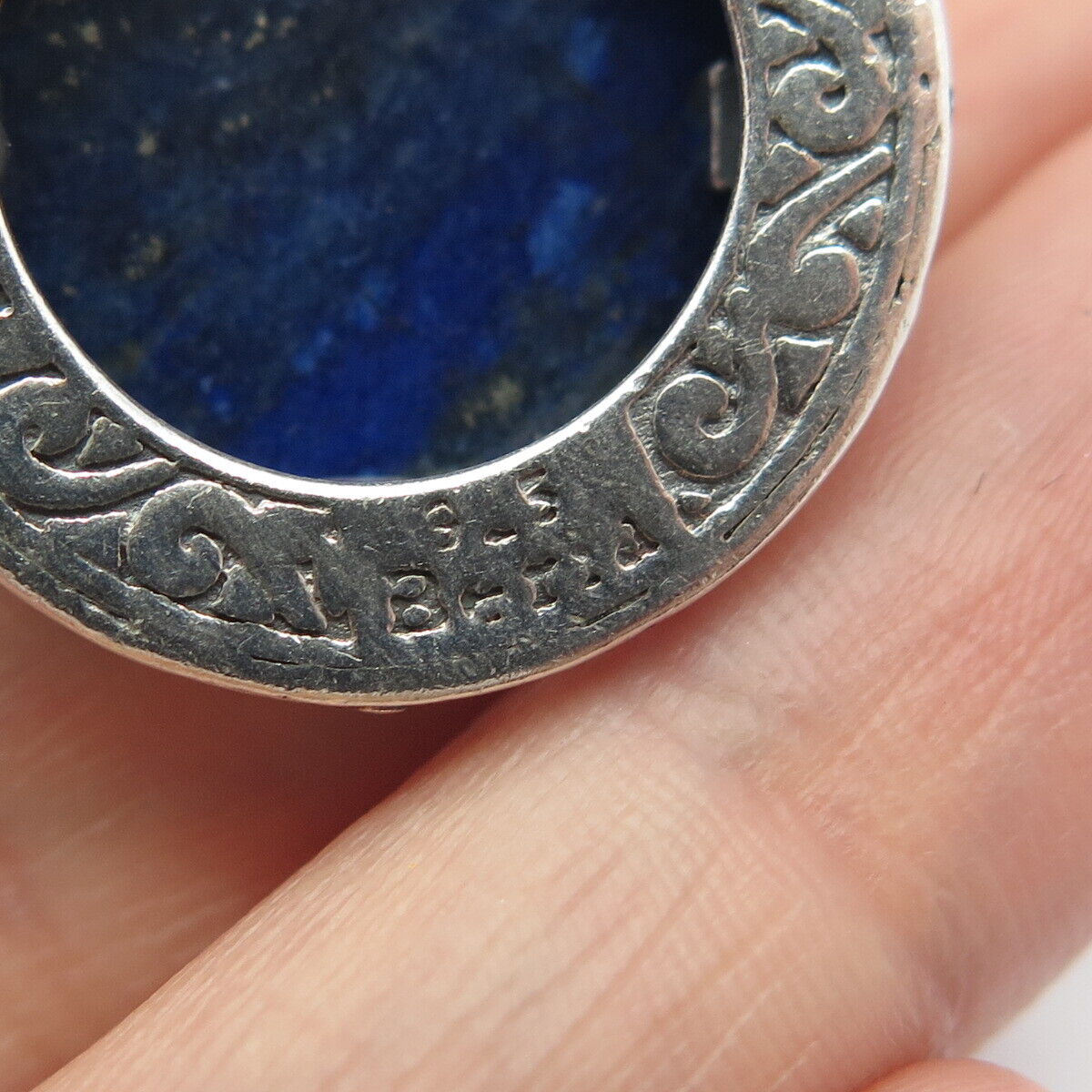 925 Sterling Silver Vintage Beria Real Lapis Lazuli Gem Ornate Round Pendant