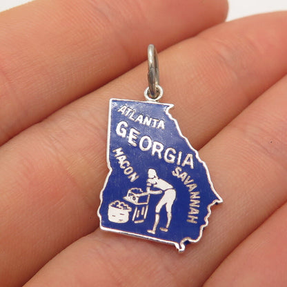 925 Sterling Silver Vintage Beau Enamel "Georgia" Map Pendant