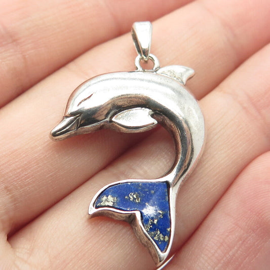 925 Sterling Silver Vintage Lenox Real Lapis Lazuli Gem Friendly Dolphin Pendant