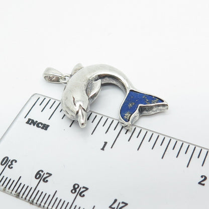 925 Sterling Silver Vintage Lenox Real Lapis Lazuli Gem Friendly Dolphin Pendant