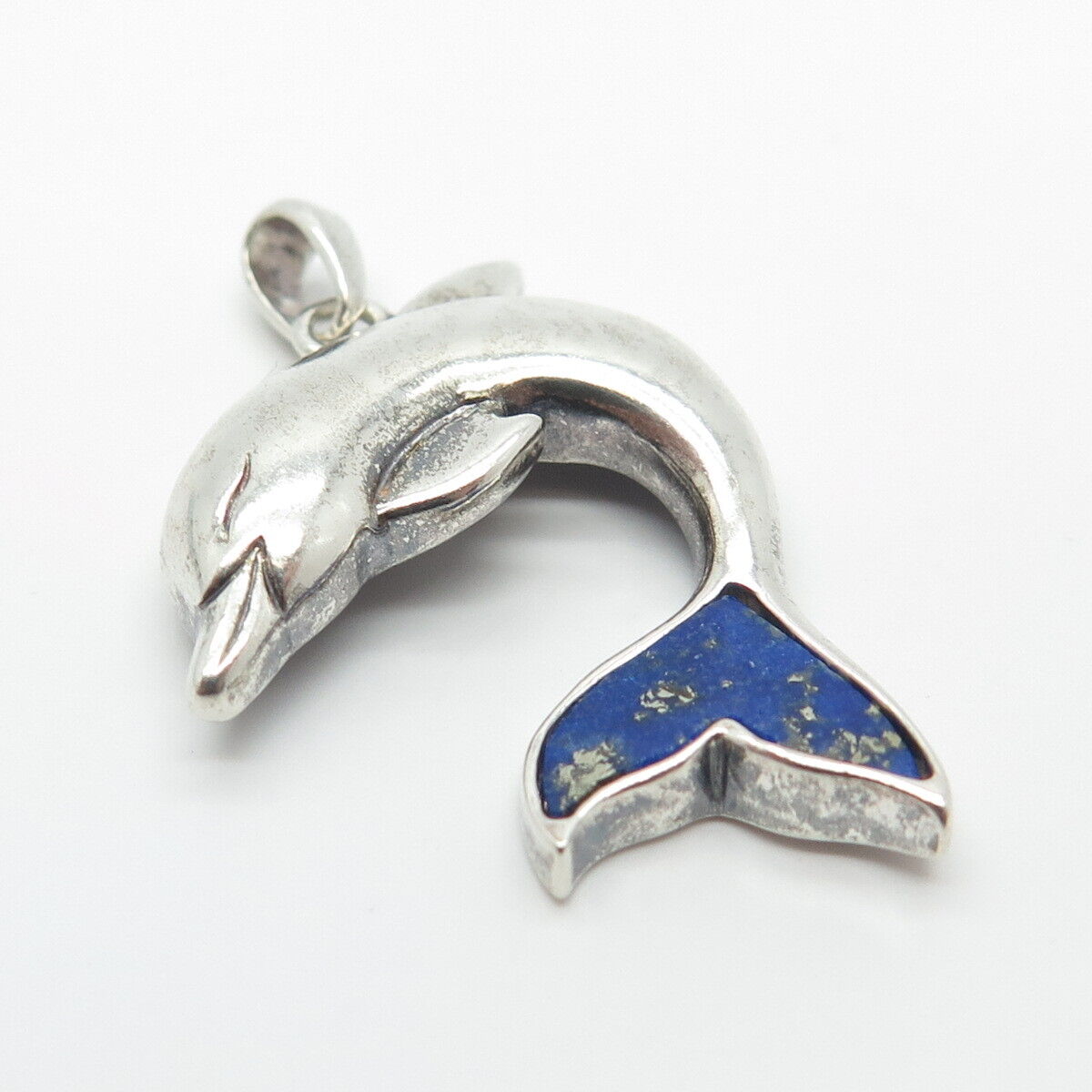 925 Sterling Silver Vintage Lenox Real Lapis Lazuli Gem Friendly Dolphin Pendant
