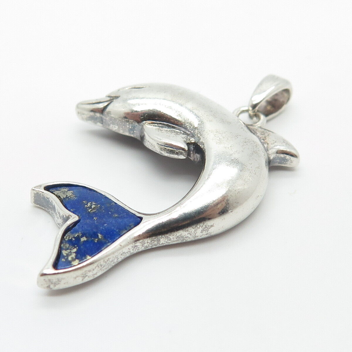 925 Sterling Silver Vintage Lenox Real Lapis Lazuli Gem Friendly Dolphin Pendant