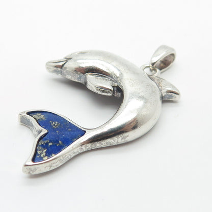 925 Sterling Silver Vintage Lenox Real Lapis Lazuli Gem Friendly Dolphin Pendant
