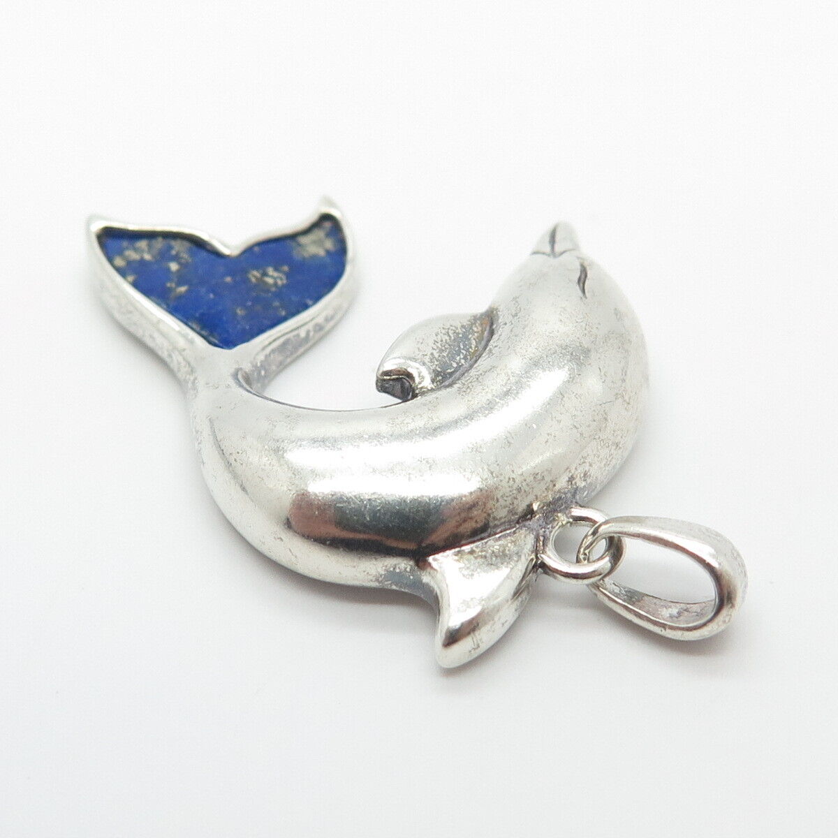 925 Sterling Silver Vintage Lenox Real Lapis Lazuli Gem Friendly Dolphin Pendant