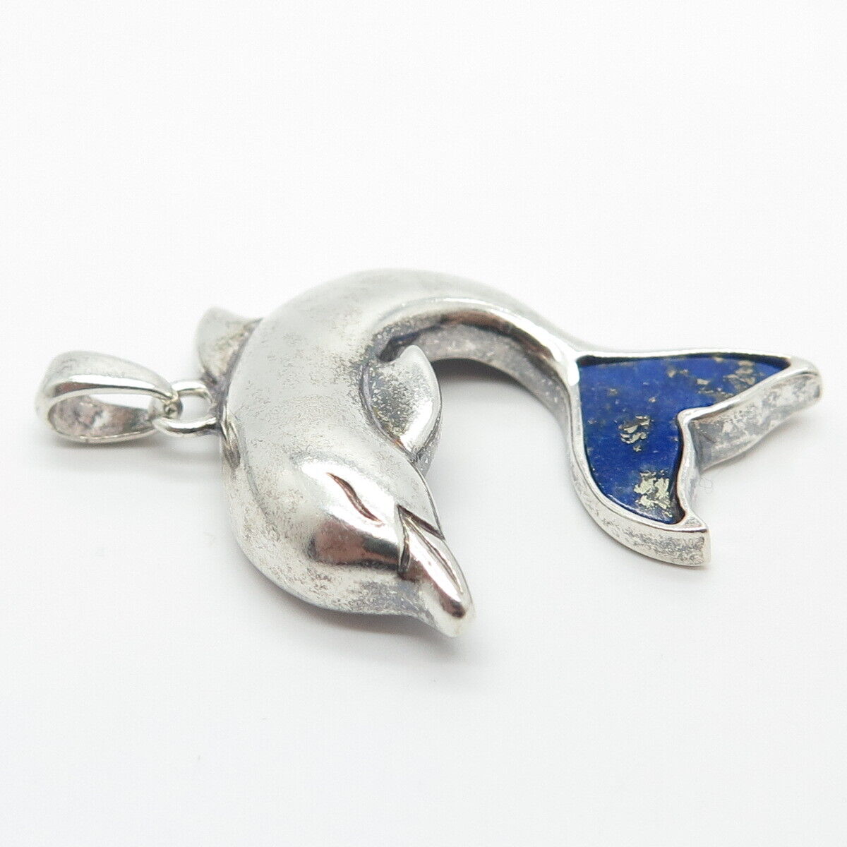 925 Sterling Silver Vintage Lenox Real Lapis Lazuli Gem Friendly Dolphin Pendant