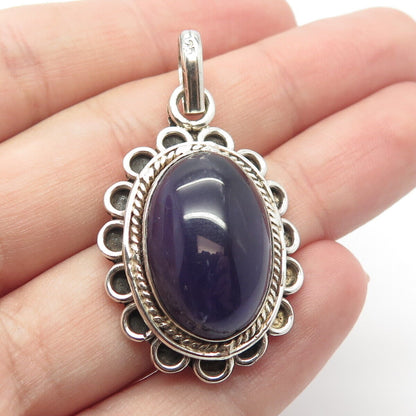 925 Sterling Silver Vintage Real Amethyst Gem Oval Pendant