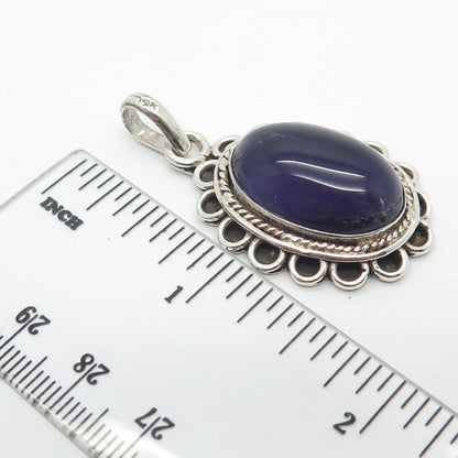 925 Sterling Silver Vintage Real Amethyst Gem Oval Pendant