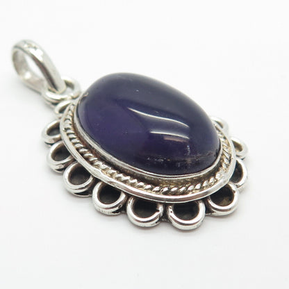 925 Sterling Silver Vintage Real Amethyst Gem Oval Pendant