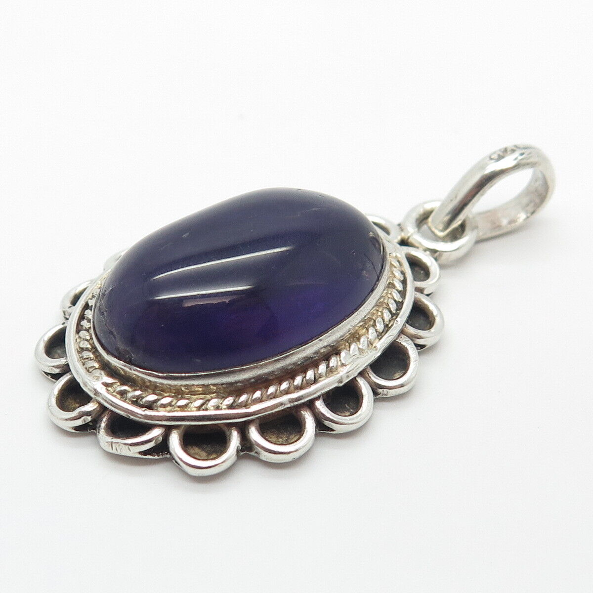 925 Sterling Silver Vintage Real Amethyst Gem Oval Pendant