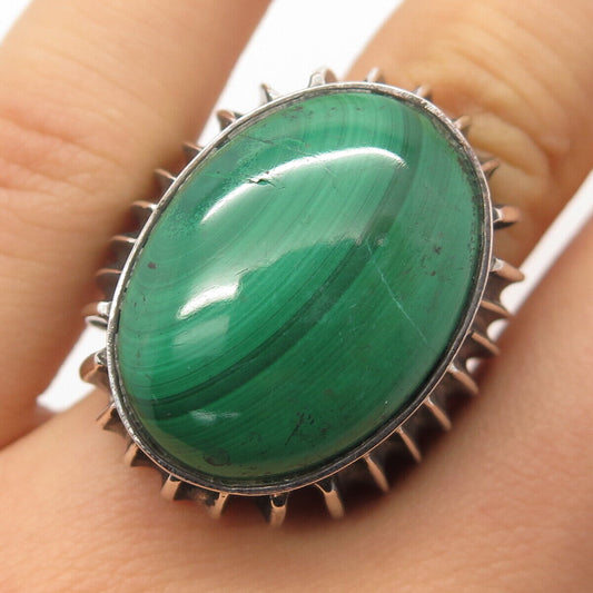 925 Sterling Silver Vintage Real Malachite Gemstone Statement Ring Size 7